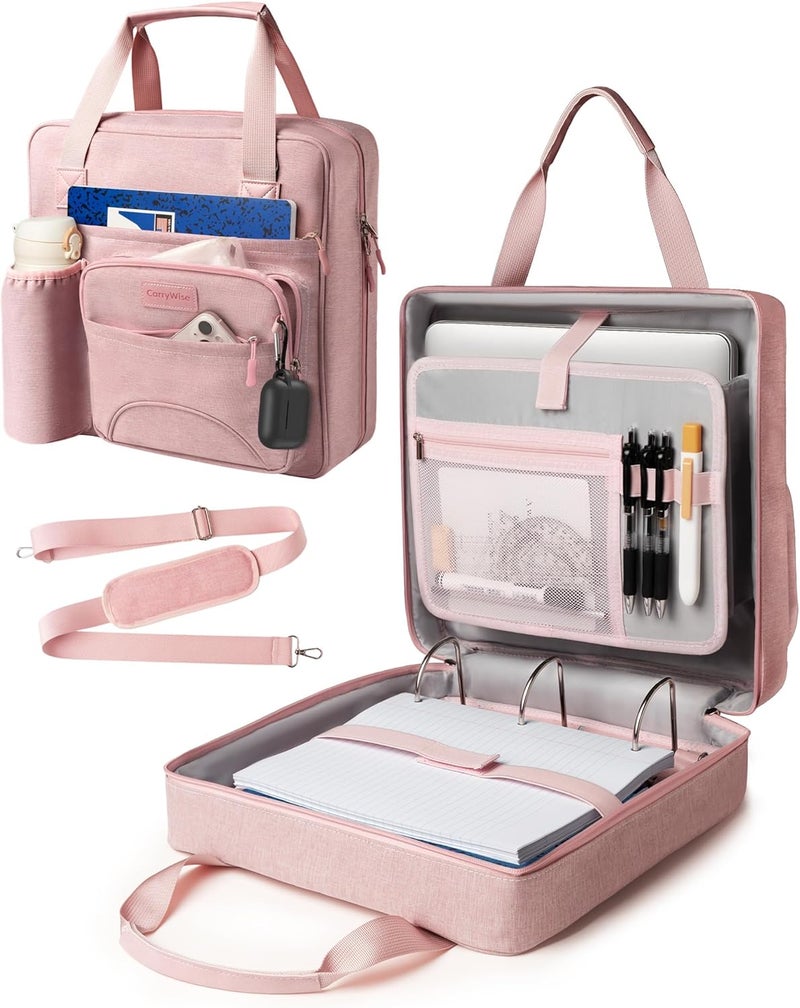 CarryWise Upgraded 3 Rings Zipper Binder Organizer 3 Inch Zippered Binders with Strap Large Zip Up Portfolio Folder Bag with 9 Pockets Laptop Compartment for Office Travel, Pink - Image 1